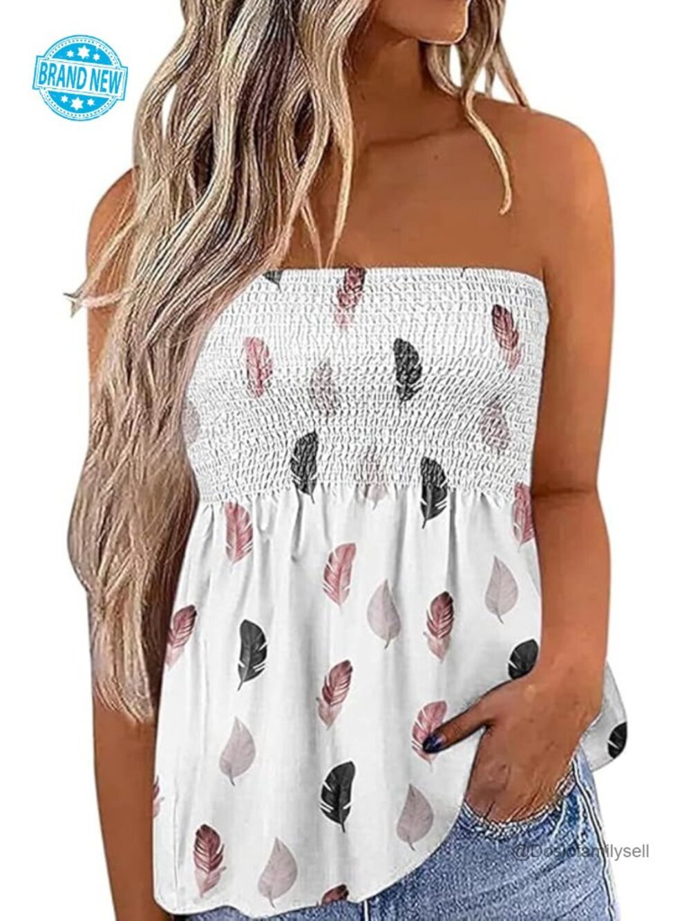 Smocked Strapless Bandeau Tank Top Floral Tube Top Backless Tunic Sleeveless